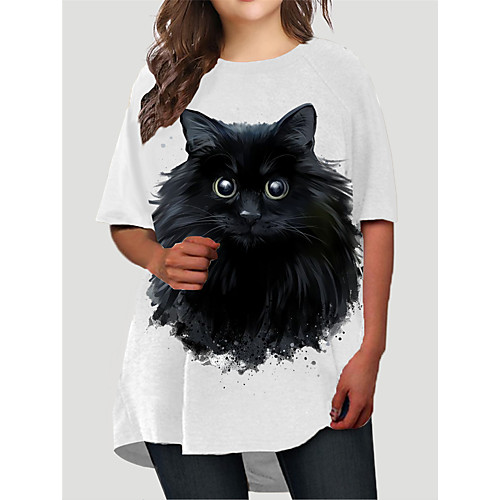 

Women's Plus Size Dresses T Shirt Dress Tee Dress Short Mini Dress Half Sleeve Cat Graphic Animal Print Basic Fall White XL XXL 3XL 4XL 5XL / Holiday