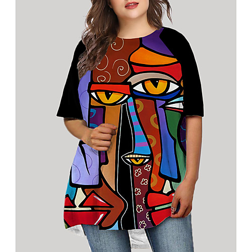 

Women's Plus Size Dresses T Shirt Dress Tee Dress Short Mini Dress Half Sleeve Graphic Abstract Portrait Print Basic Fall Black XL XXL 3XL 4XL 5XL / Holiday