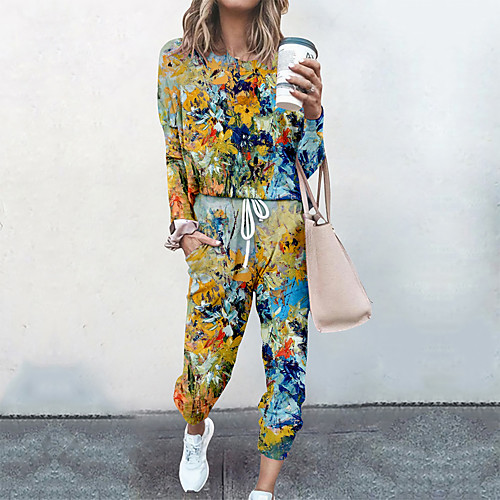 

Women's Basic Streetwear Floral Oil Painting Vacation Casual / Daily Two Piece Set Tracksuit T shirt Pant Loungewear Drawstring Print Tops