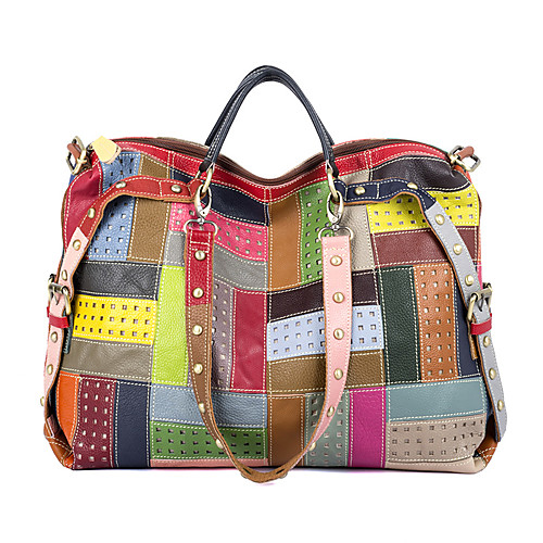 

2021 new cross-border leather handbags european and american fashion contrast color rivet shoulder bag top layer leather handbag