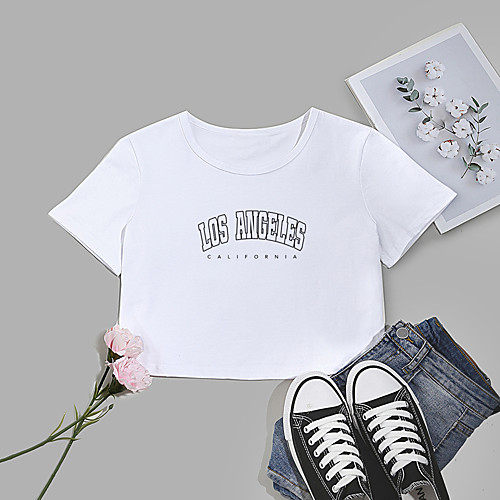 

Women's Crop Tshirt Letter Print Round Neck Tops Cotton Basic Basic Top White Black