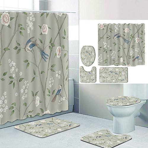 

Bird Crying Digital Printing Four-piece Set Shower Curtains and Hooks Modern Polyester Machine Made Waterproof Bathroom