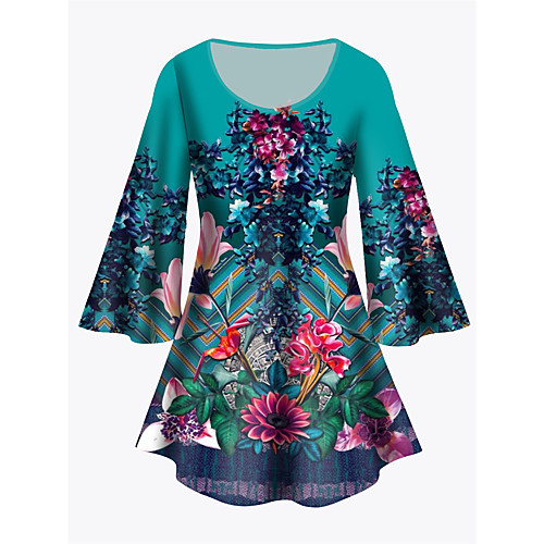

Women's Plus Size Print Floral Graphic Tunic Large Size Crewneck 3/4 Length Sleeve Basic Tops XL XXL 3XL Green Big Size