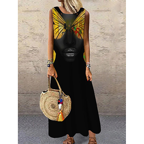 

Women's Shift Dress Maxi long Dress Black Sleeveless Print Animal Print Spring Summer Round Neck Casual 2021 S M L XL XXL 3XL