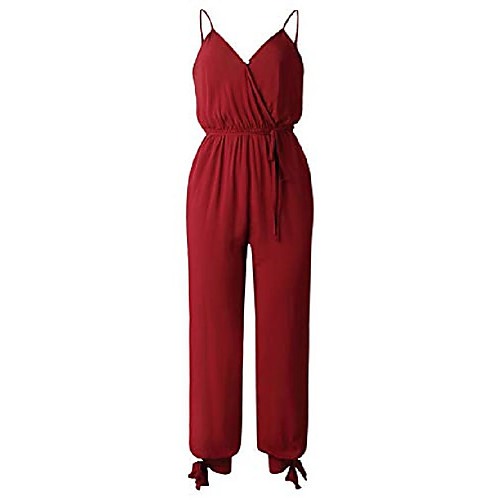 

womens cute casual sleeveless spaghette strap red cotton romers jumpsuits