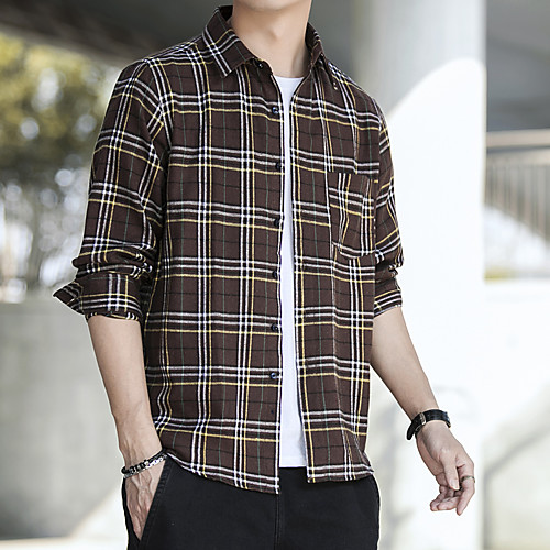 

Men's Shirt Lattice Long Sleeve Casual Tops Khaki Navy Blue Coffee