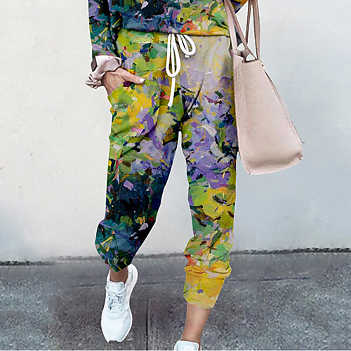 

Women's Basic Soft Comfort Daily Home Jogger Pants Flower / Floral Graphic Prints Full Length Elastic Drawstring Design Print Purple