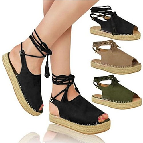 

Women's Sandals Platform Peep Toe Rubber Lace-up Solid Colored Black Army Green Khaki