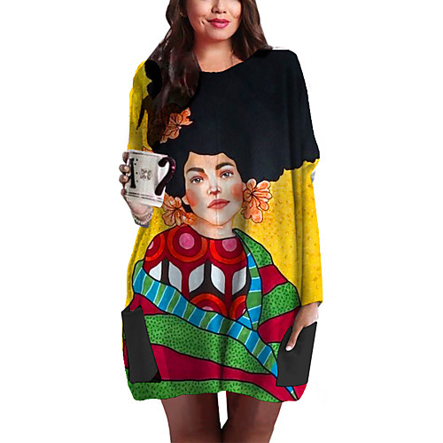 

Women's Plus Size Dresses T Shirt Dress Tee Dress Short Mini Dress Long Sleeve Graphic Portrait Print Basic Fall Light Yellow XL XXL 3XL 4XL 5XL / Holiday