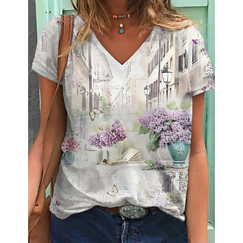 

Women's T shirt Floral Graphic Scenery Print V Neck Tops Basic Basic Top White