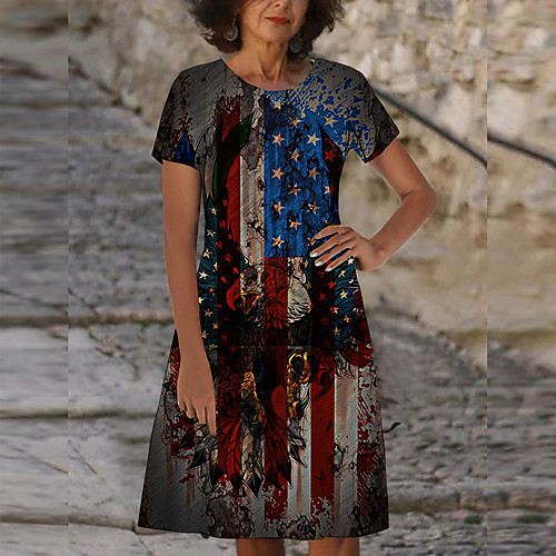 

Women's Shift Dress Knee Length Dress Black Short Sleeve Flag Animal Print Spring Summer Round Neck Casual 2021 S M L XL XXL 3XL