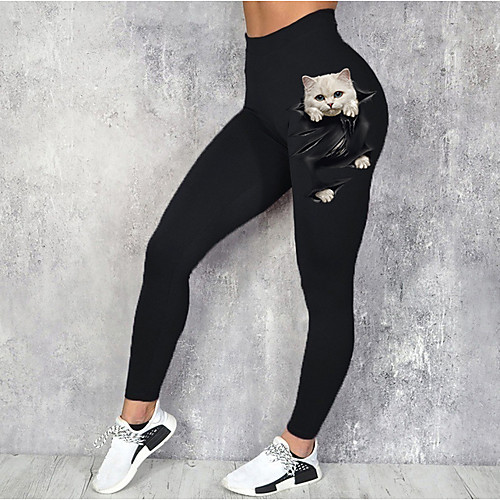 

Women's Sporty Fashion Comfort Leisure Sports Weekend Leggings Pants Cartoon Cat Ankle-Length Sporty Elastic Waist Print Black