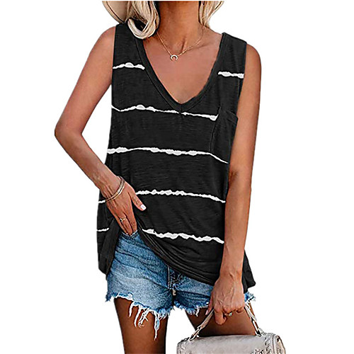 

Women's Tank Top Striped Pocket V Neck Tops Streetwear Basic Top Black Blue Blushing Pink