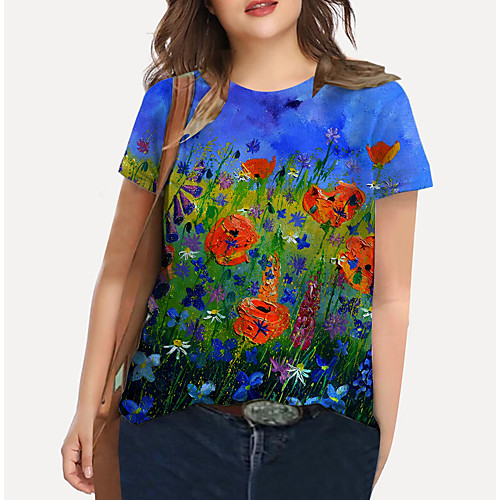 

Women's Plus Size Print Floral Graphic T shirt Large Size Crewneck Short Sleeve Basic Tops XL XXL 3XL Blue Big Size