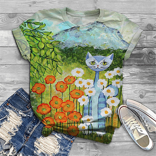 

Women's Plus Size Print Floral Cat Graphic T shirt Large Size Crewneck Short Sleeve Basic Tops XL XXL 3XL Green Big Size