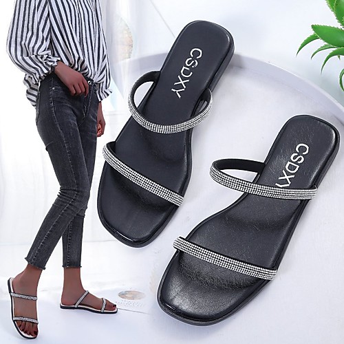 

Women's Sandals Flat Heel Round Toe PU Rhinestone Solid Colored White Black