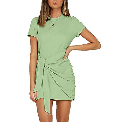 

letsrunwild women's summer t-shirt dress short sleeve bodycon ruched tie waist solid color basic fitted mini dresses lightgreen-xl