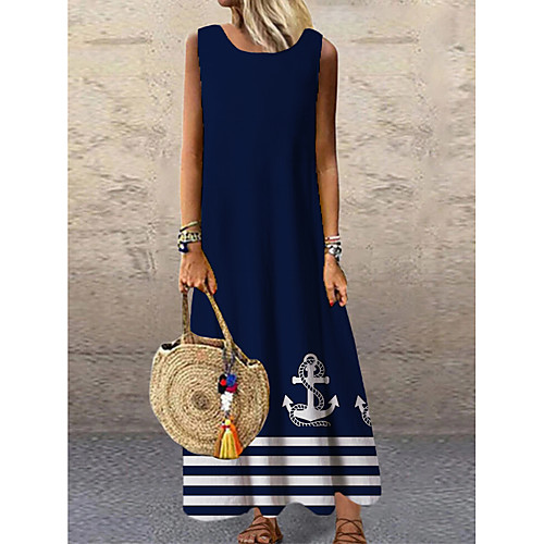 

Women's Shift Dress Maxi long Dress Navy Blue Sleeveless Striped Print Print Spring Summer Round Neck Casual 2021 S M L XL XXL 3XL