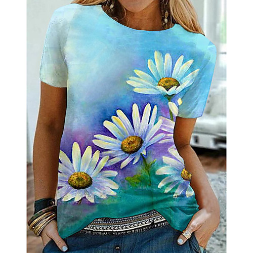 

Women's T shirt Floral Daisy Print Round Neck Tops Basic Basic Top Green