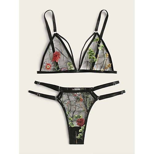 

Women's Layered Lace Hole Matching Bralettes Suits Nightwear Floral Solid Colored Embroidered Bra Black XS S M