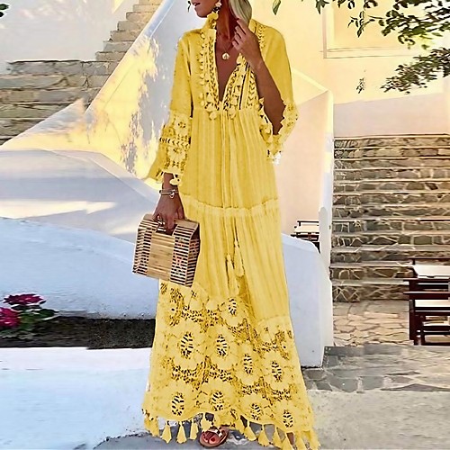 

2021 spring and summer new bohemian style lace fringed stitching beach resort temperament long skirt dress