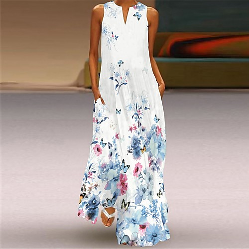 

Women's Swing Dress Maxi long Dress Sleeveless Abstract Flower LOVE Pocket Print Summer V Neck Casual Vintage 2021 S M L XL XXL XXXL 4XL 5XL