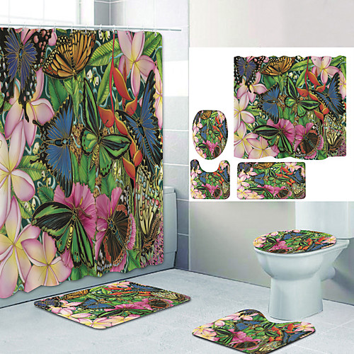 

Green Butterfly Digital Printing Four-piece Set Shower Curtains and Hooks Modern Polyester Machine Made Waterproof Bathroom