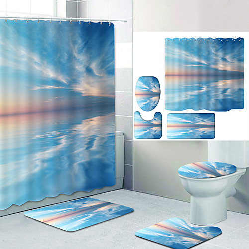 

Sea And Blue Sky Digital Printing Four-piece Set Shower Curtains and Hooks Modern Polyester Machine Made Waterproof Bathroom