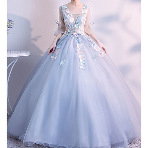 

Ball Gown Elegant Floral Quinceanera Prom Dress V Neck 3/4 Length Sleeve Floor Length Tulle with Embroidery 2021