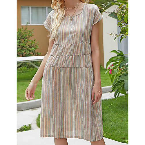 

Women's A Line Dress Knee Length Dress Multicolor_1 Short Sleeve Striped Print Solid Color Summer Round Neck Casual 2021 M L XL XXL 3XL