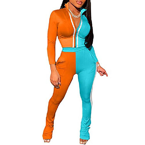 

bornpom womens patchwork 2 pieces jumpsuits long sleeve zip up top skinny pants tracksuits orange-green xl