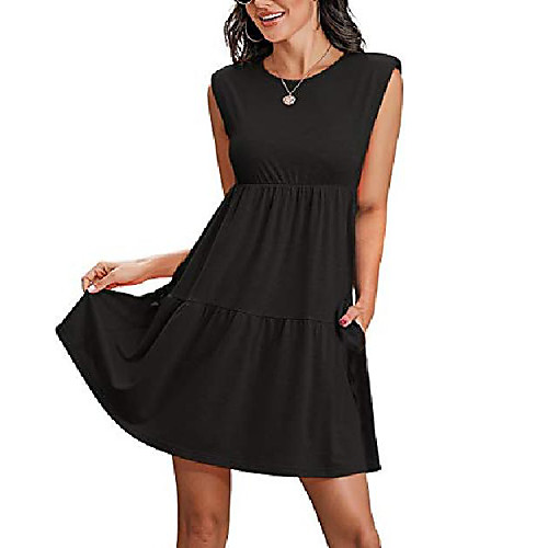 

jayscreate women's summer babydoll dress casual black sleeveless padded shoulder pleated beach flowy dress for women