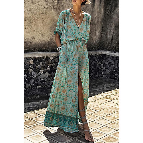 

Women's Shift Dress Maxi long Dress Green Short Sleeve Floral Split Print Fall Summer V Neck Elegant Cotton 2021 S M L XL