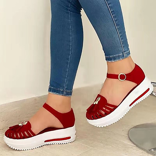 

Women's Sandals Wedge Heel Round Toe PU Buckle Solid Colored Black Red Pink