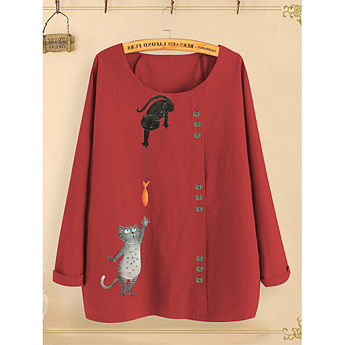 

Women's Plus Size Cat Graphic Blouse Shirt Large Size Round Neck Long Sleeve Tops M L XL Navy Black Red Big Size