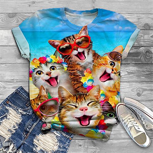 

Women's Plus Size Print Cat Graphic Animal T shirt Large Size Crewneck Short Sleeve Basic Tops XL XXL 3XL Blue Big Size