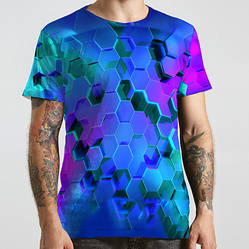 

Men's Unisex Tee T shirt 3D Print Graphic Prints Geometry Plus Size Print Short Sleeve Casual Tops Basic Designer Big and Tall Blue