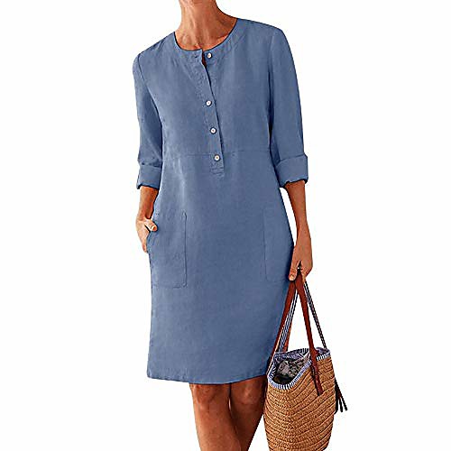 

women's cotton linen dress 3/4 roll-up sleeve midi length button down shirt dresses with pockets lightblue 10