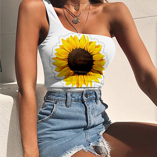 

Women's Tank Top Floral Sunflower Print One Shoulder Tops Basic Streetwear Basic Top White Yellow Khaki