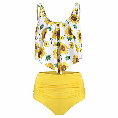 

forthery women ruffled high waisted tankini set retro flounce flounce swimwear sunflower buttom 2pc bathing suit(yellow b,xxl=us 12)