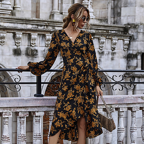 

wish cross-border new european and american skirt v-neck bubble long-sleeved high-waist strap lotus leaf swing slim slimming dress