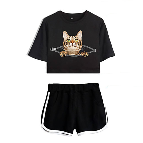 

Women's Basic Streetwear 3D Print Cat Vacation Casual / Daily Two Piece Set Crop Top Tracksuit T shirt Loungewear Shorts Print Tops
