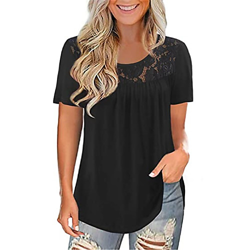 

Women's T shirt Plain Lace Round Neck Tops Basic Basic Top Black Blue Purple