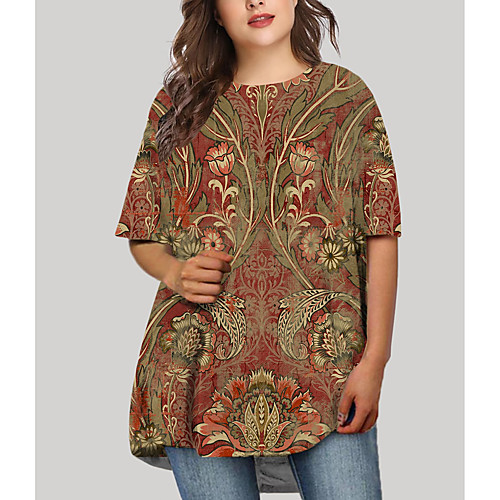 

Women's Plus Size Dresses T Shirt Dress Tee Dress Short Mini Dress Half Sleeve Floral Graphic Print Basic Fall Red XL XXL 3XL 4XL 5XL / Holiday