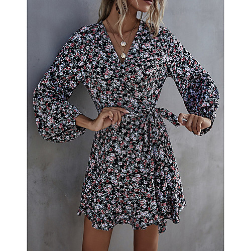 

Women's A Line Dress Short Mini Dress Black Long Sleeve Floral Patchwork Print Summer V Neck Elegant Casual 2021 S M L XL