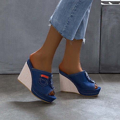 

Women's Clogs & Mules Wedge Heel Peep Toe Denim Solid Colored Black Blue