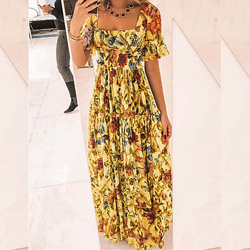 

summer 2021 aliexpress wish new square neck floral short sleeve dress