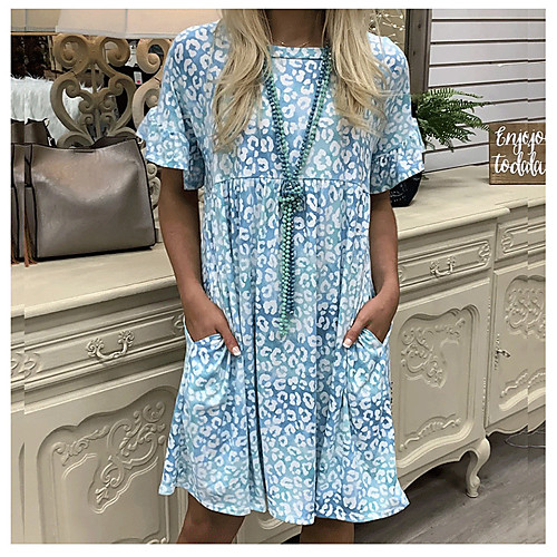 

2021 printed temperament commuter amazon basic round neck european lotus leaf sleeve short skirt dress