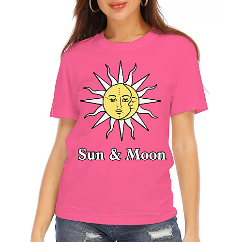 

Women's T shirt Graphic Text Print Round Neck Tops Basic Basic Top Blue Blushing Pink Green