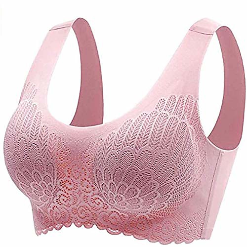 

5d wireless contour bra, ultra breathable cooling bra, lace bra seamless, comfortable bandeau with removable pads (pink, xl)